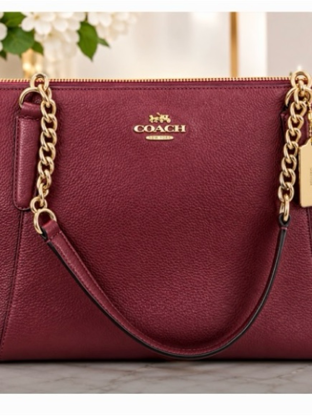 Coach Chain Handle Shoulder Bag in metallic burgundy